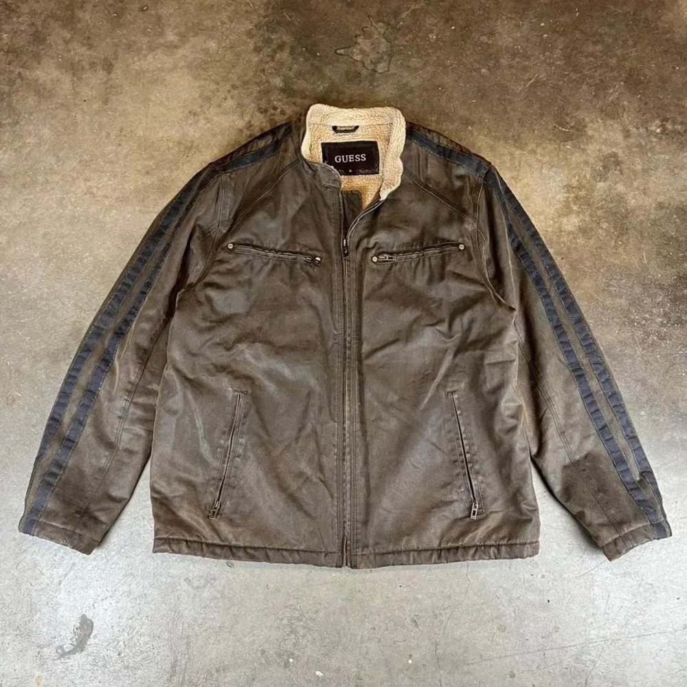 Guess Mens Faux Leather Sherpa Lined Bomber Jacket Brown XL‎ Moto Racing Stripe